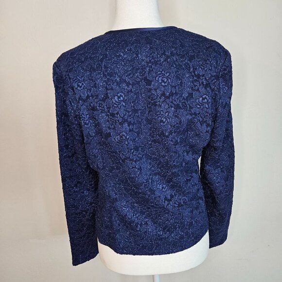 ALEX Evenings Size 12 Blazer Blue Metallic Sparkle Open Front Stretch - Picture 5 of 10